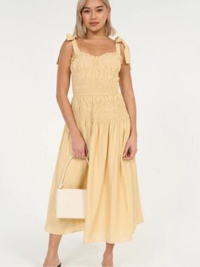 Moon River Yellow Smocked Tie-Shoulder Midi Dress